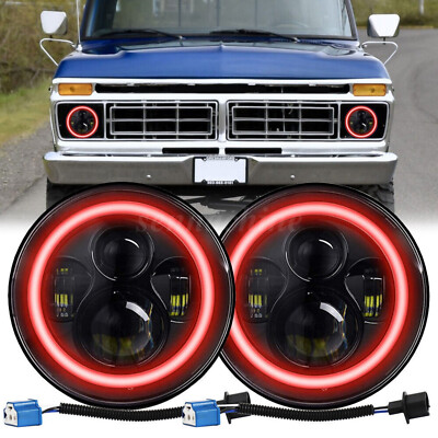 Pair 7'' Round LED Headlights Red DRL For 1953-1977 Ford F-100 F-250 F-350 Pickup