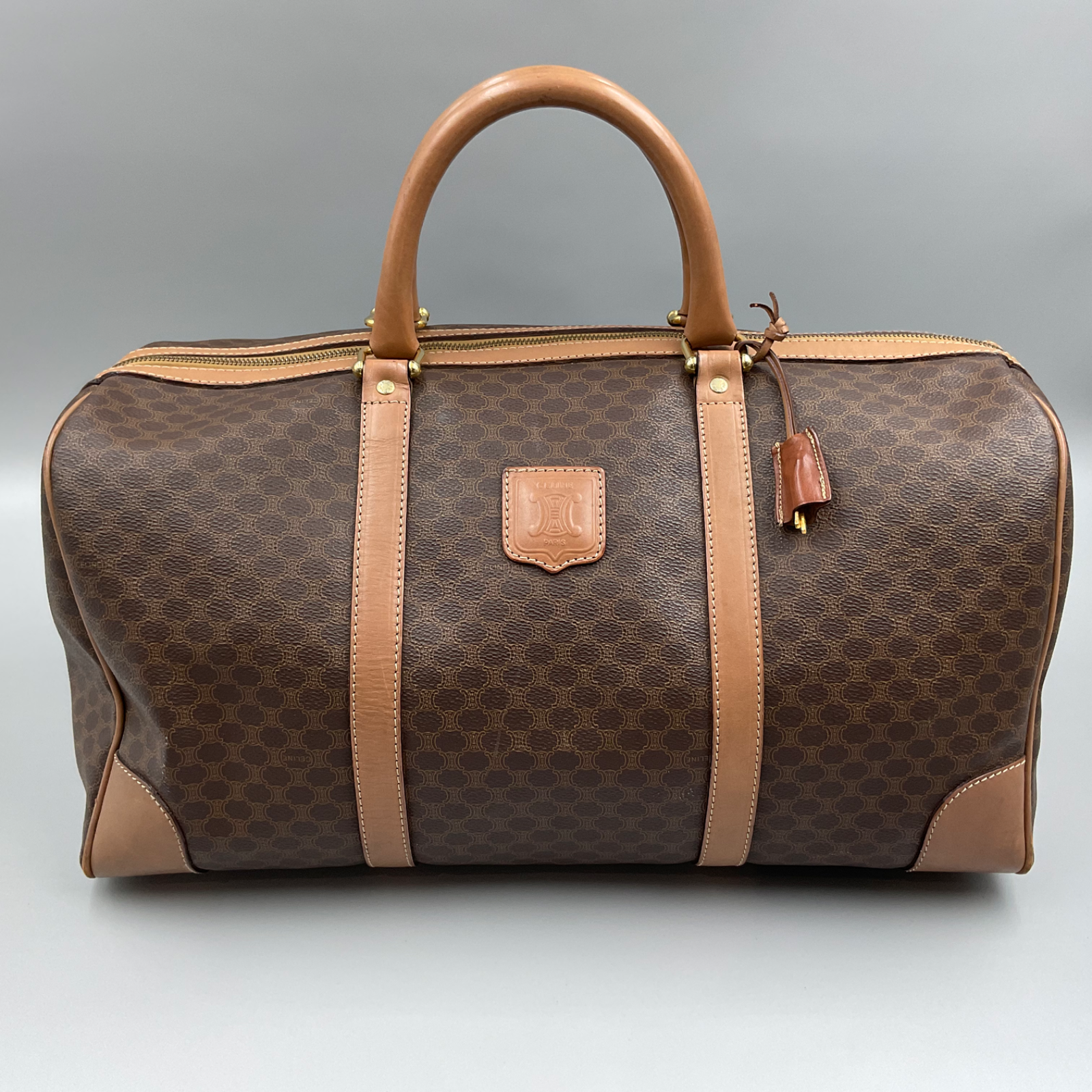 Celine Vintage Duffle Bag Macadam Coated Canvas Large Brown