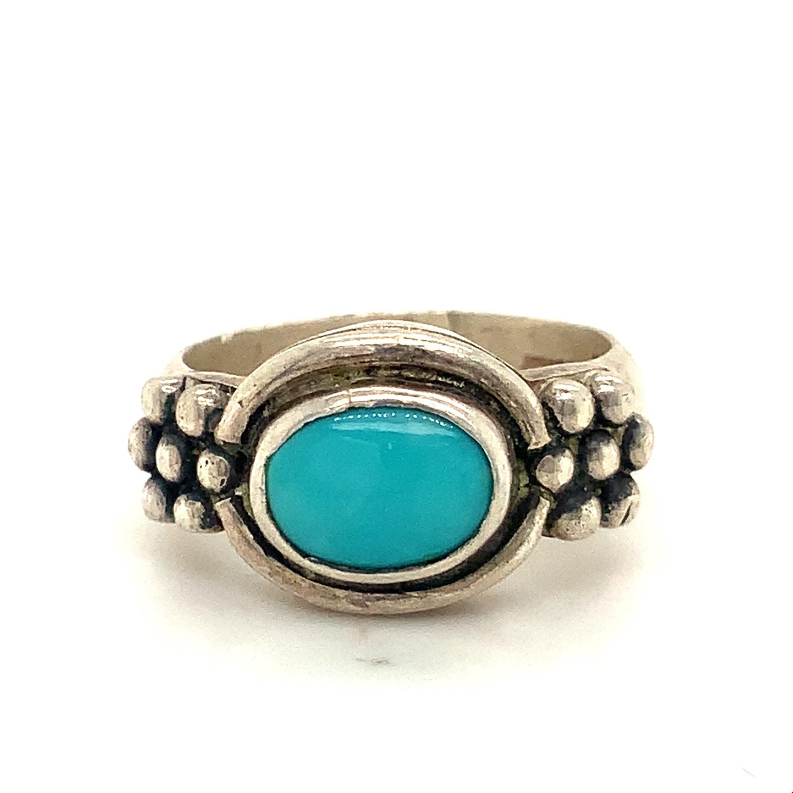 Vintage Signed Sterling Handmade Oval Turquoise Stone Flower Accent Ring Band 5