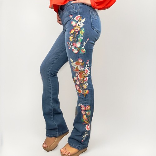 Vintage Mid Rise Floral Embroidered Bell Bottom Flare Denim