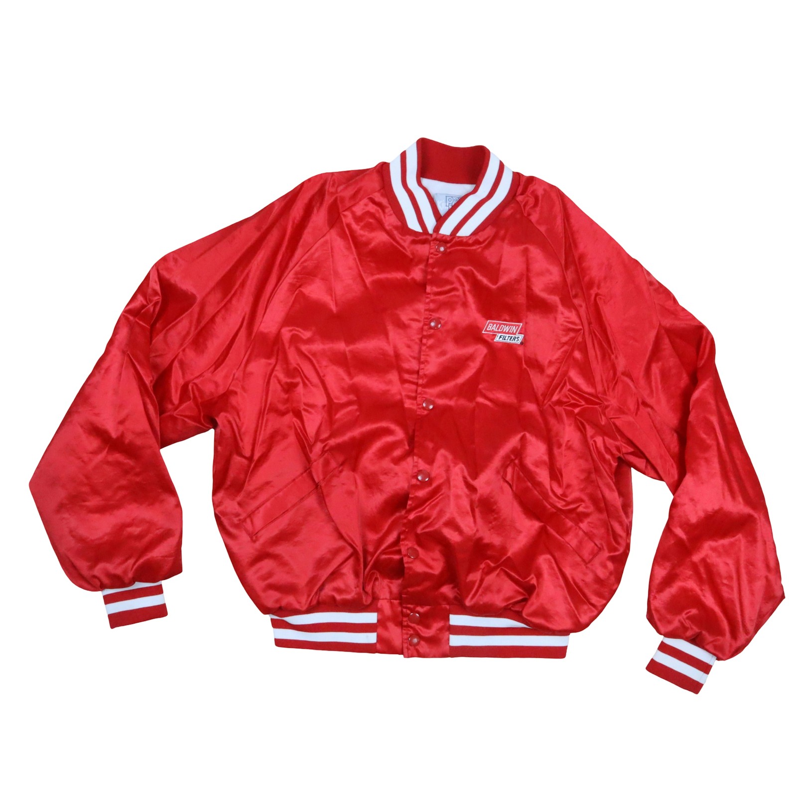 Vintage Baldwin Filters Red Satin Bomber Jacket Cars Racing Garage 70s Men's XL
