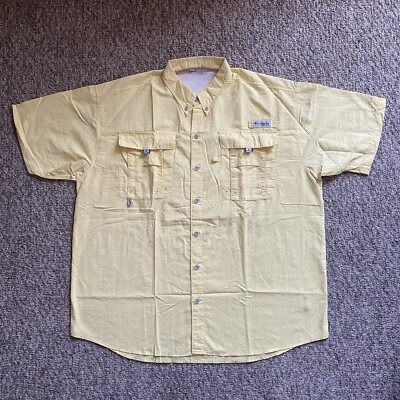 Columbia PFG Shirt Mens Large L Yellow Nylon Vented Short Sleeve Button Up