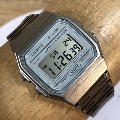 Casio Men F-91W Gray Clear Band Alarm Chrono Digital Watch 7 3/4''