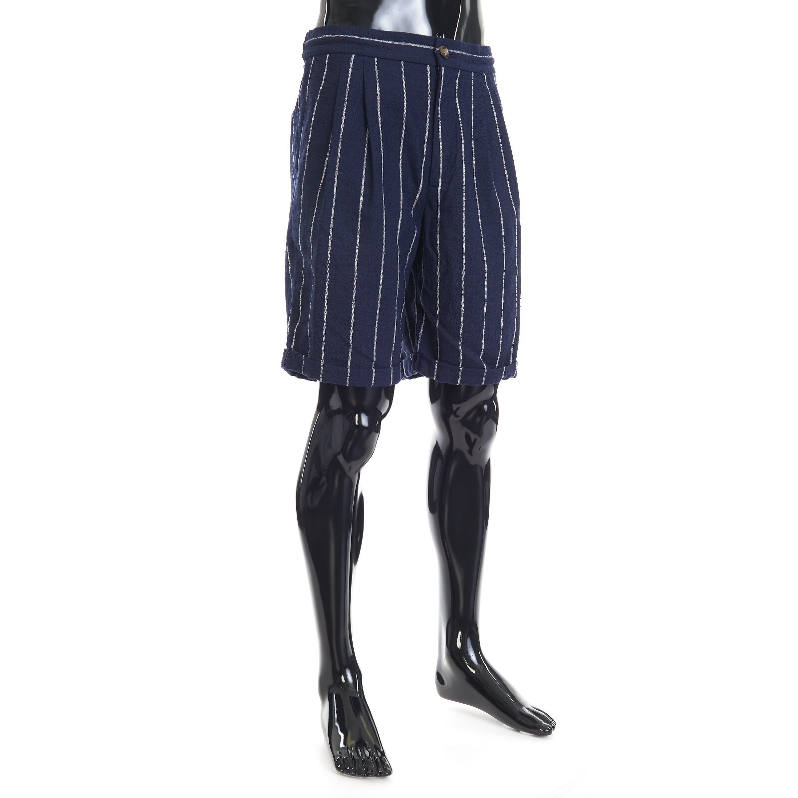 Pre-owned Brunello Cucinelli 1395$ Navy Chalk Stripe Bermuda Shorts - Drawstring, Pleats In Blue