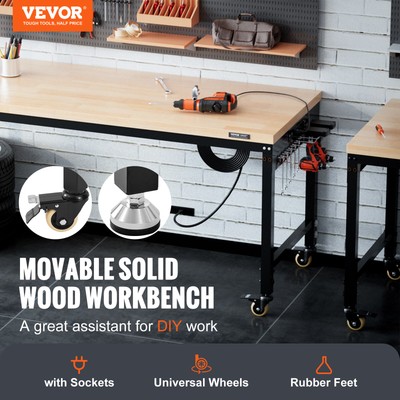 VEVOR Adjustable Height Workbench 72"L x 25"W Work Bench Table w/ Power Outlets