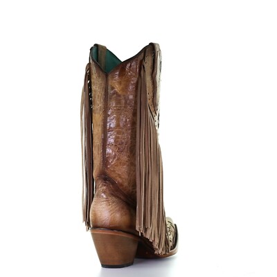 Pre-owned Corral Boots Corral Ladies Saddle Brown Lamb Inlay Embroidery & Fringe Boots C3766