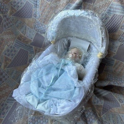Ashton Drake Galleries Baby in Crib Doll Porcelain New Blonde Hair Cot Boxed