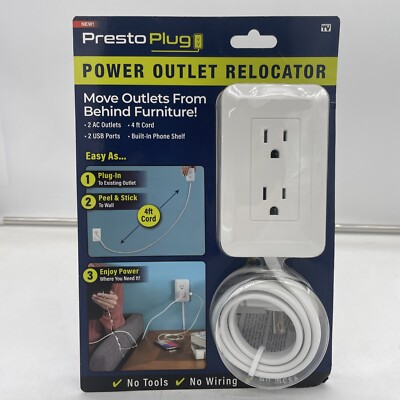 Presto Plug Wall Outlet Extender 4 ft Cord Peel & Stick As Seen On TV 2 AC 2 USB