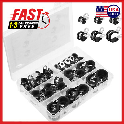 52Pcs Cable Clamps Assortment Kit 304 Stainless Steel Rubber Cushion 6 Sizes US