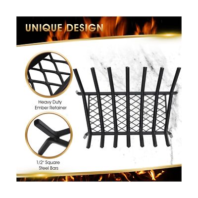 G GOOD GAIN Fireplace Grate with Ember Retainer, 24" Heavy Duty Cast Iron Ind...