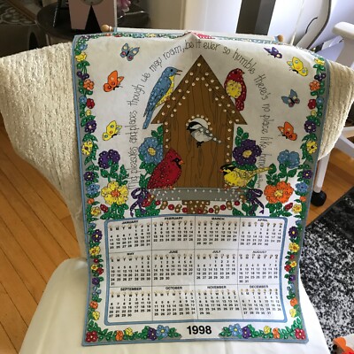 VTG 1998 WALL SEQUINS BEADS BIRDS BUTTERFLIES CLOTH CALENDAR