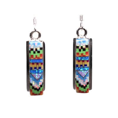 Sterling Silver Micro Inlay Earrings - Southwestern Dangle Drop Art Earrings