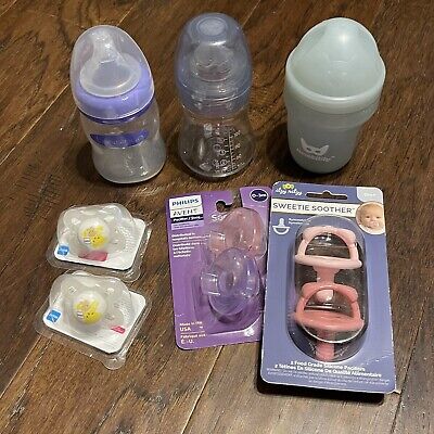 Lot Of 7 Pieces Baby Girl Items Bottles Pacifiers