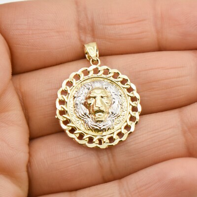 1 1/4'' Two-Tone Textured Curb Link Bordered Lion Pendant 10K Yellow White Gold 