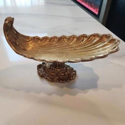 Vintage heavy ornate brass or brass tone pedestal dish - bowl  feather style