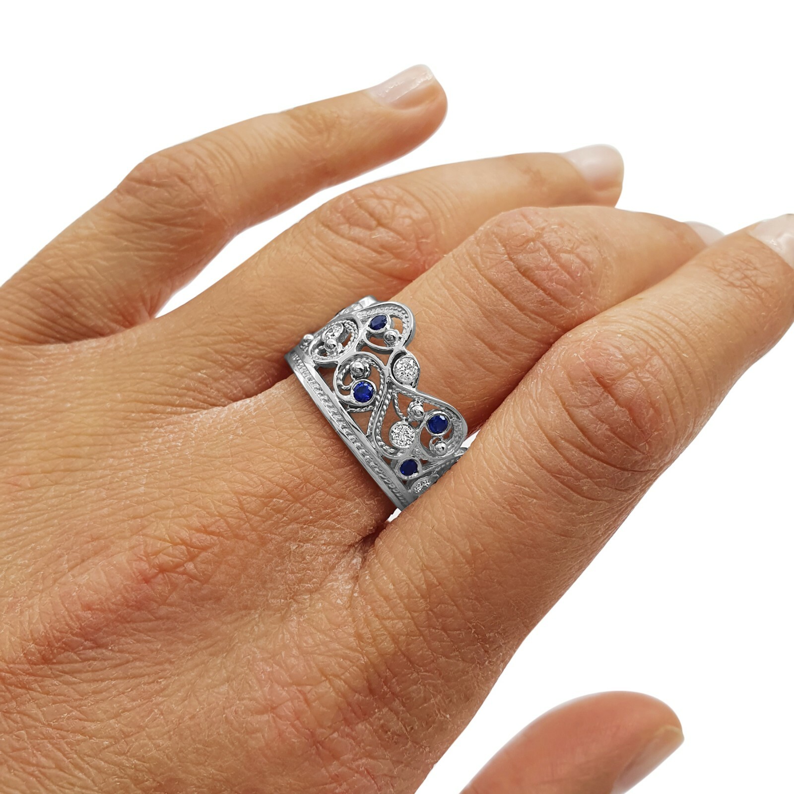 Pre-owned Handmade Deluxe 14k White Gold Blue Sapphire Lavender Stone Filigree Crown Ring