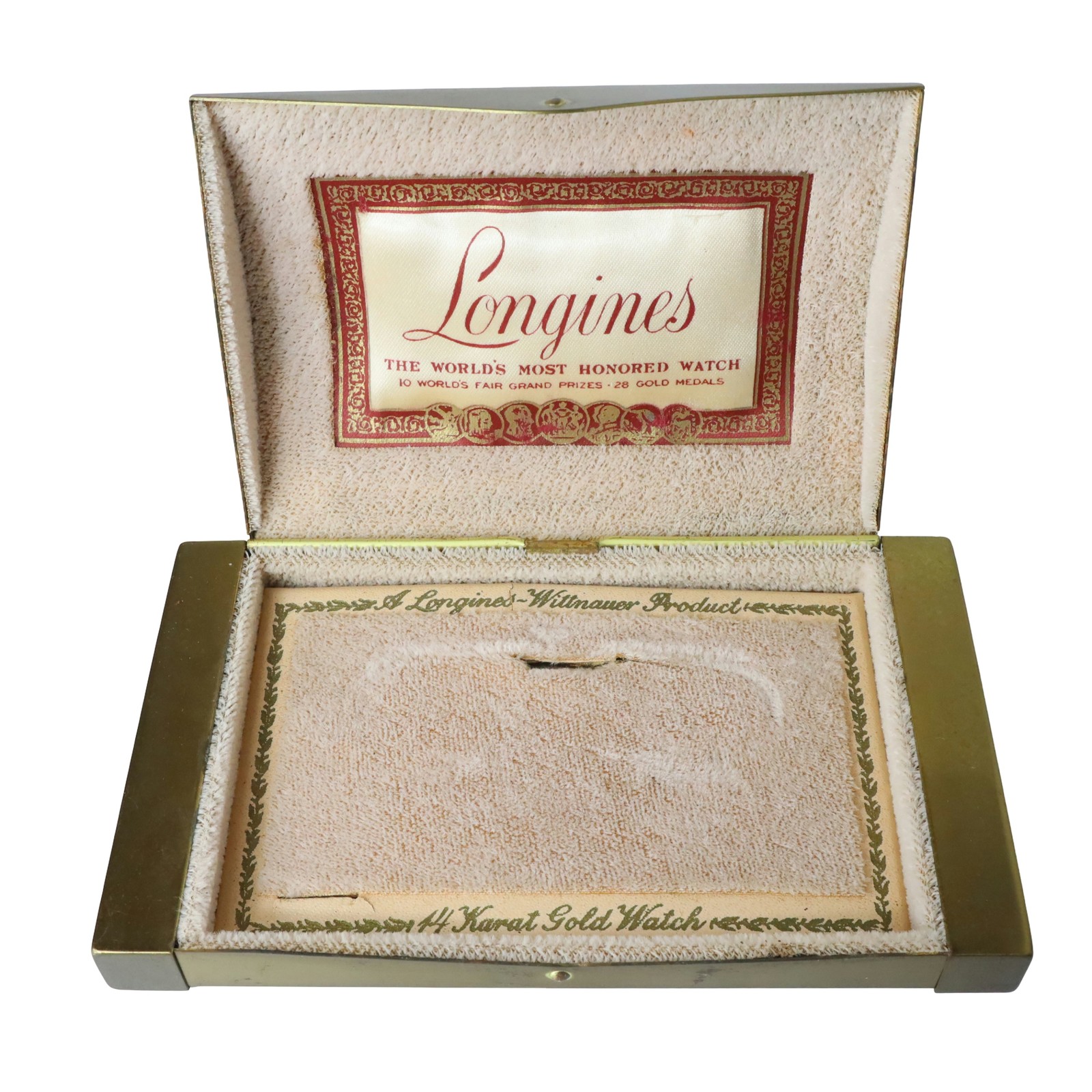 Vintage Longines Wittnauer 14 Karat Gold Watch Presentation Box Gold Tone Metal