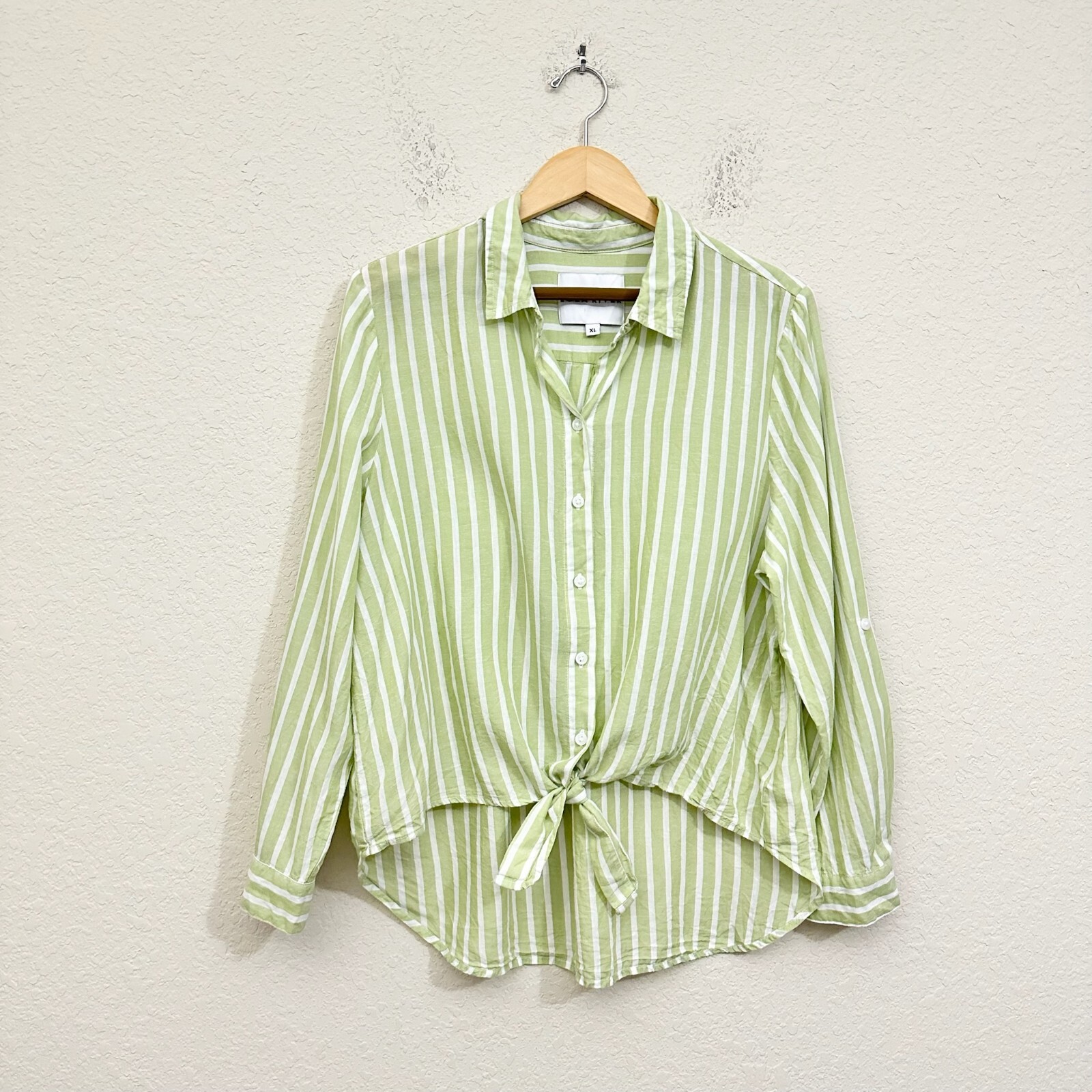 LOLA RIVER Striped Shirt Womens Sz XL Green White Button Up