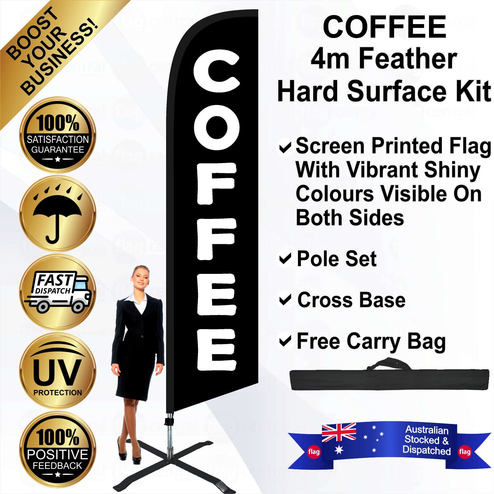 COFFEE Black 4m Feather Flag / Banner Kit with Pole Set, Steel Outdoor Cross Base and a Free Carry Bag