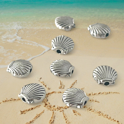 50 Beach Clam Shell Spacer Beads Silver Ocean Two Sided Bead Findings 9x8mm