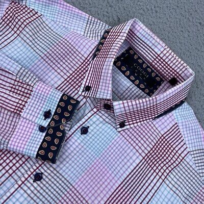 COOGI Luxe Men's Premium Red Blue Checked Shirt Double Button Down Collar XL