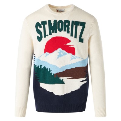 Pre-owned Mc2 Saint Barth Man Sweater With St.moritz Postcard Print In White