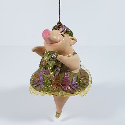 Papyrus Christmas Ornament Pig Ballet Ballerina Tutu Green Pink Lavender New 