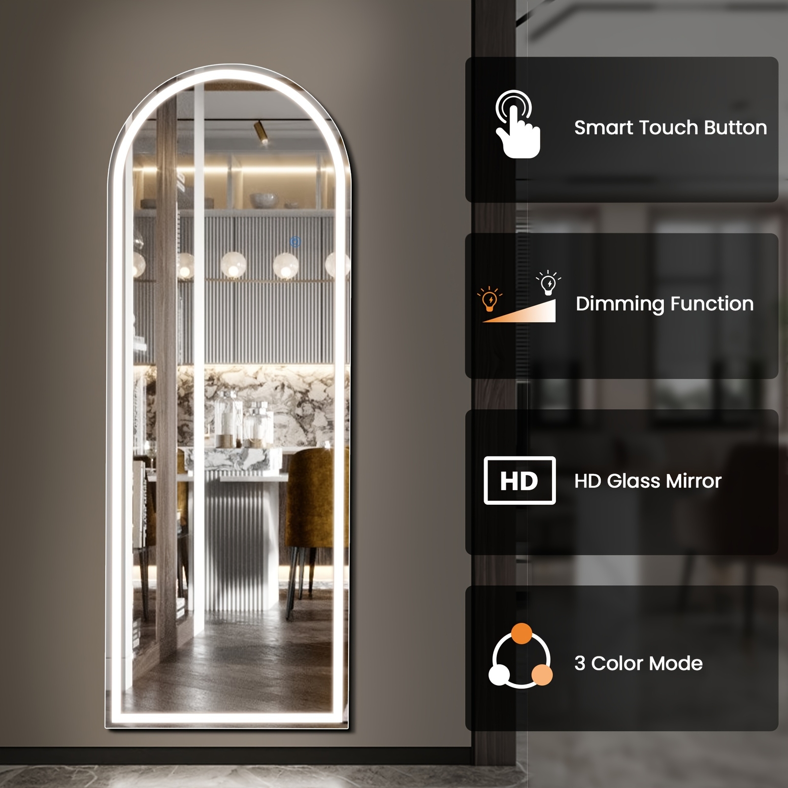 LED Full Length Standing Mirror Arched/Rectangle 3 Color Lights. Hang/Lean.