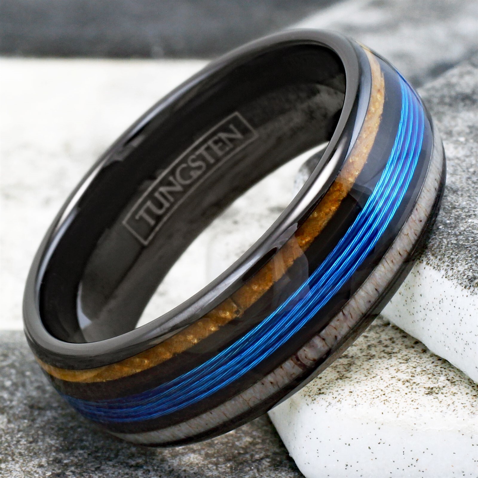 Personalized Engraved Black Tungsten Ring Fishing Line-Wood & Deer Antler Band