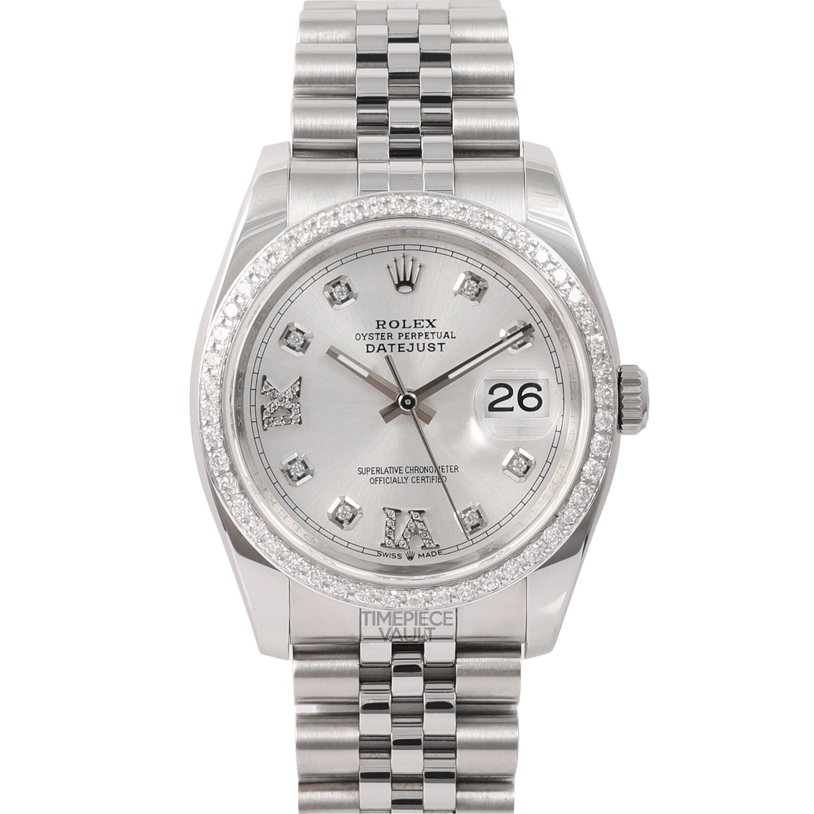 RS BEIGE, 6123631 ROLEX DATEJUST 116234 STEEL 36MM WATCH DIAMOND BEZEL SILVER