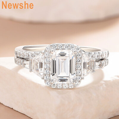 Newshe 925 Silver Bridal Sets Engagement Wedding Ring for Women Emerald Cut CZ