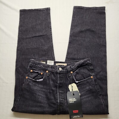New Levis Ribcage Jeans Womens 29/27 Black Straight Ankle High Rise Big E Cotton