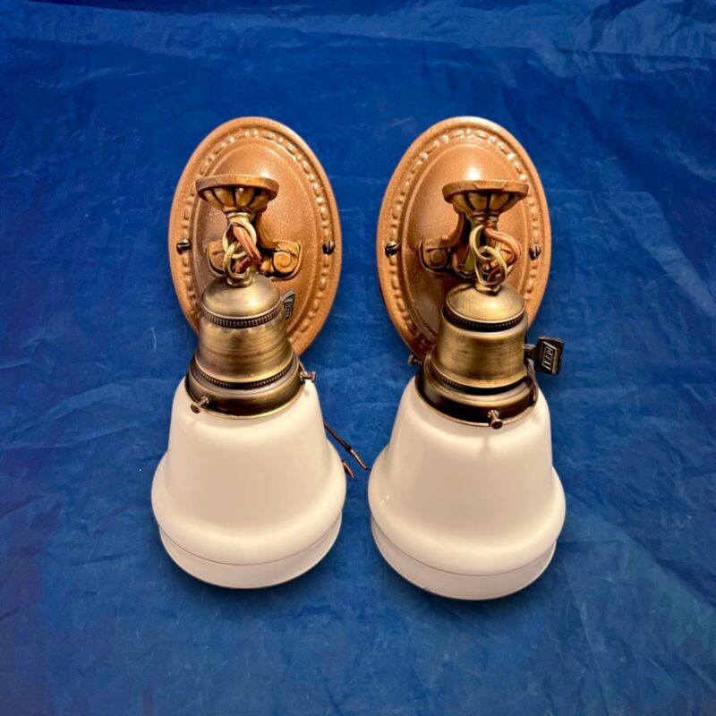 Wired Pair Antique Brass Wall Sconce Fixtures Milk White Shades 12j