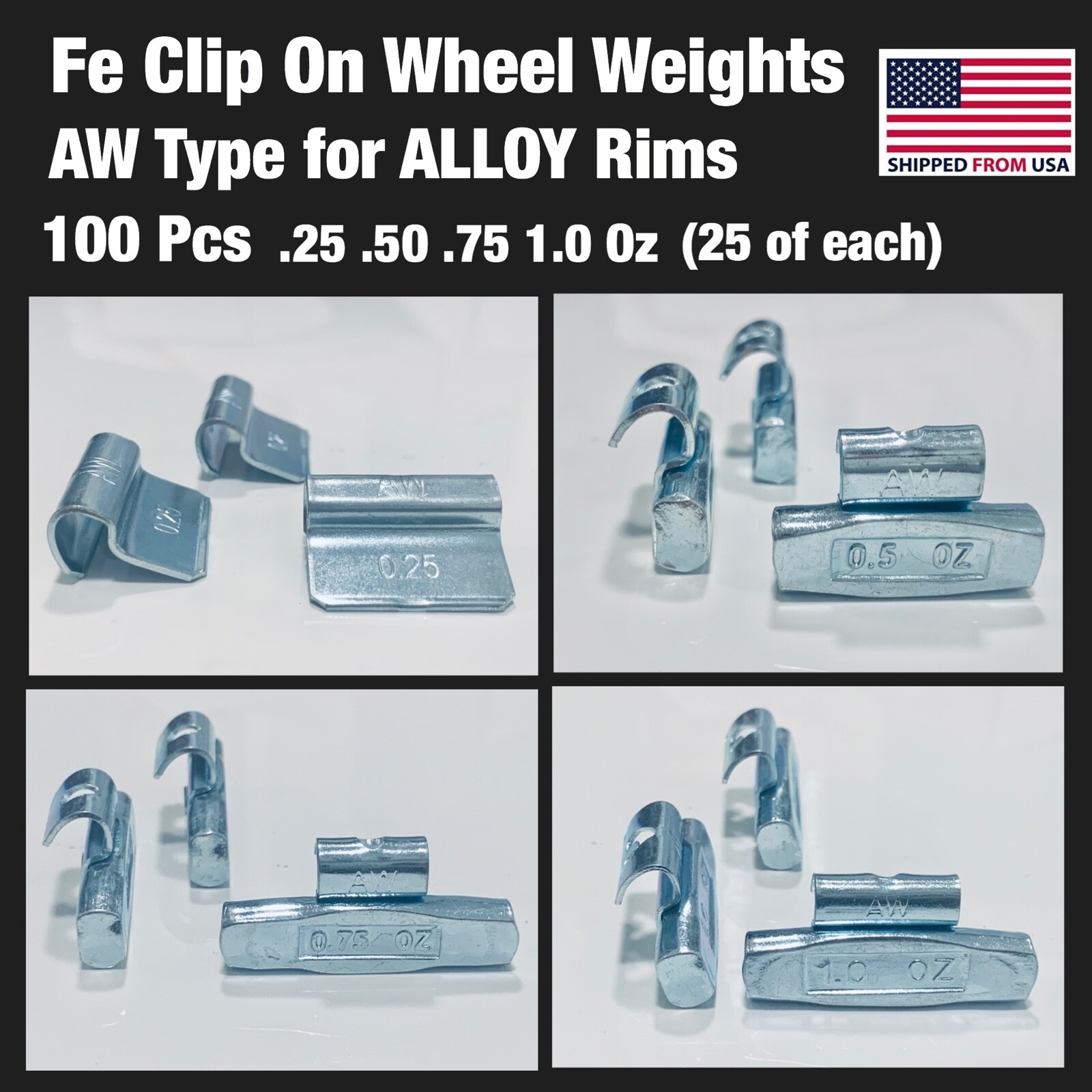 100 Pieces Fe Clip On Wheel Weights .25 .50 .75 1.0 (25 Each) Alloy Rim