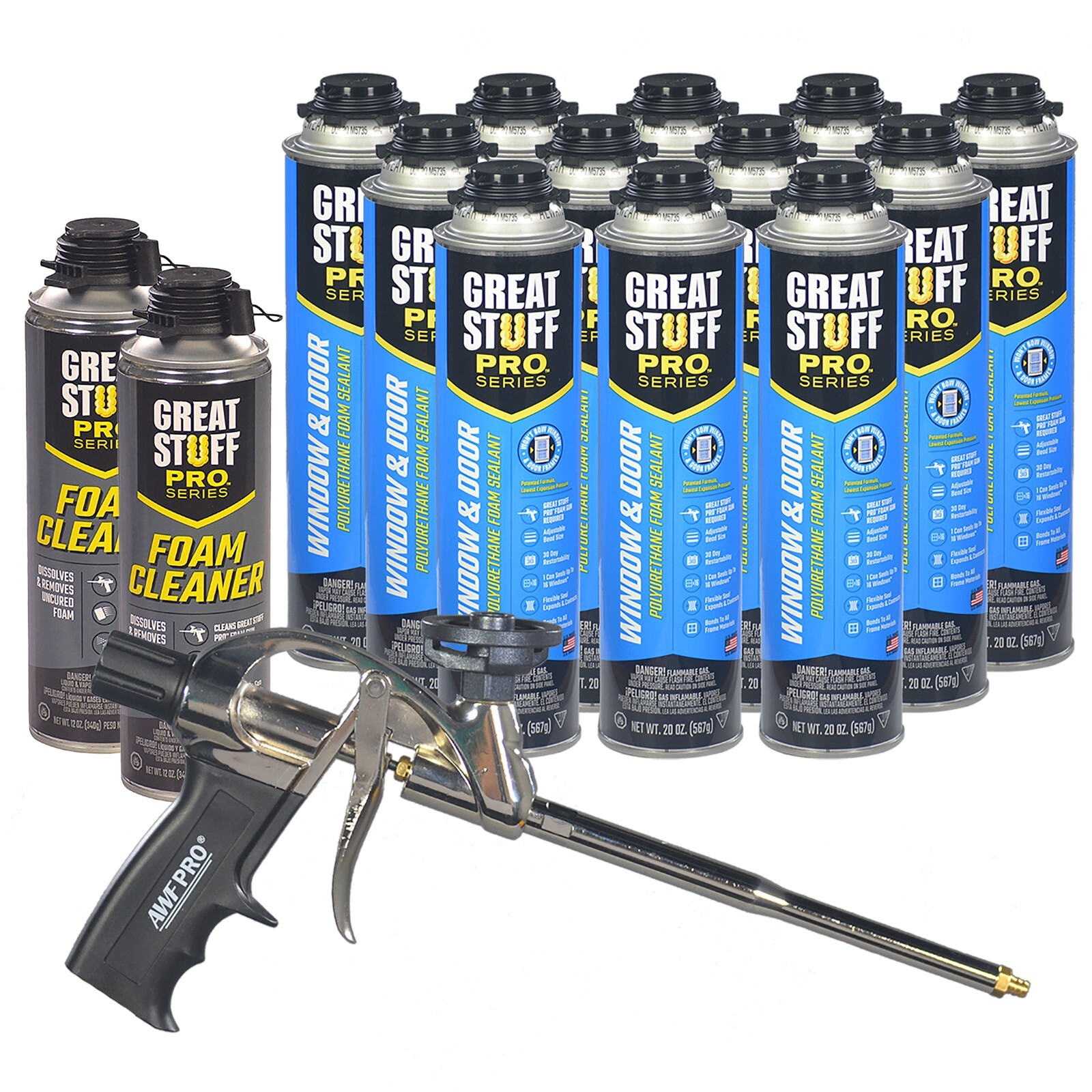 Great Stuff PRO Window And Door Foam (12) cans, Foam Gun, 2 cleaner