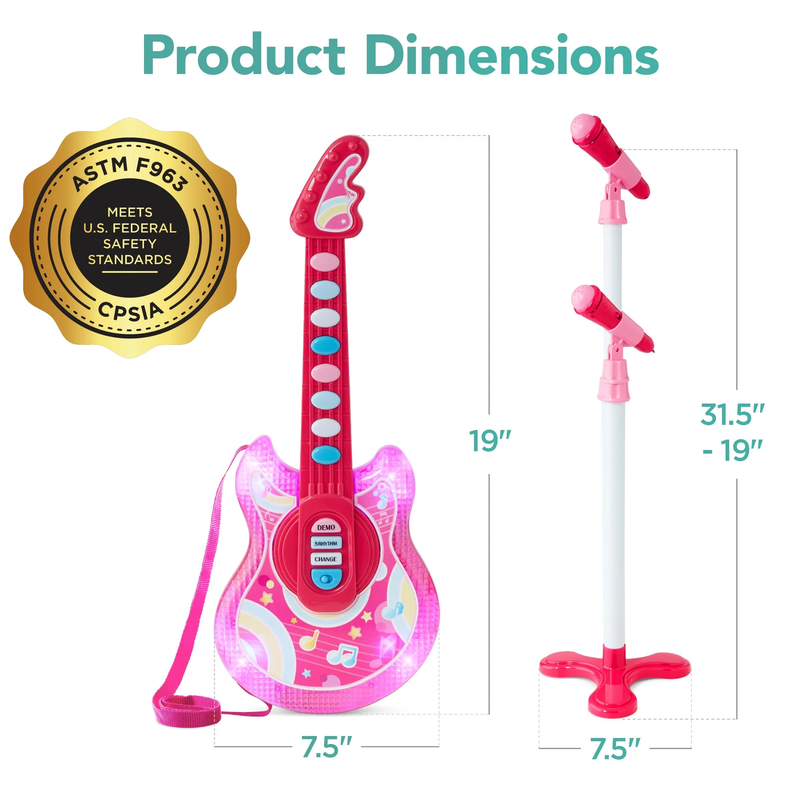19-Inch Kids Flash Guitar with Microphone and Stand - Pink Musical Toy