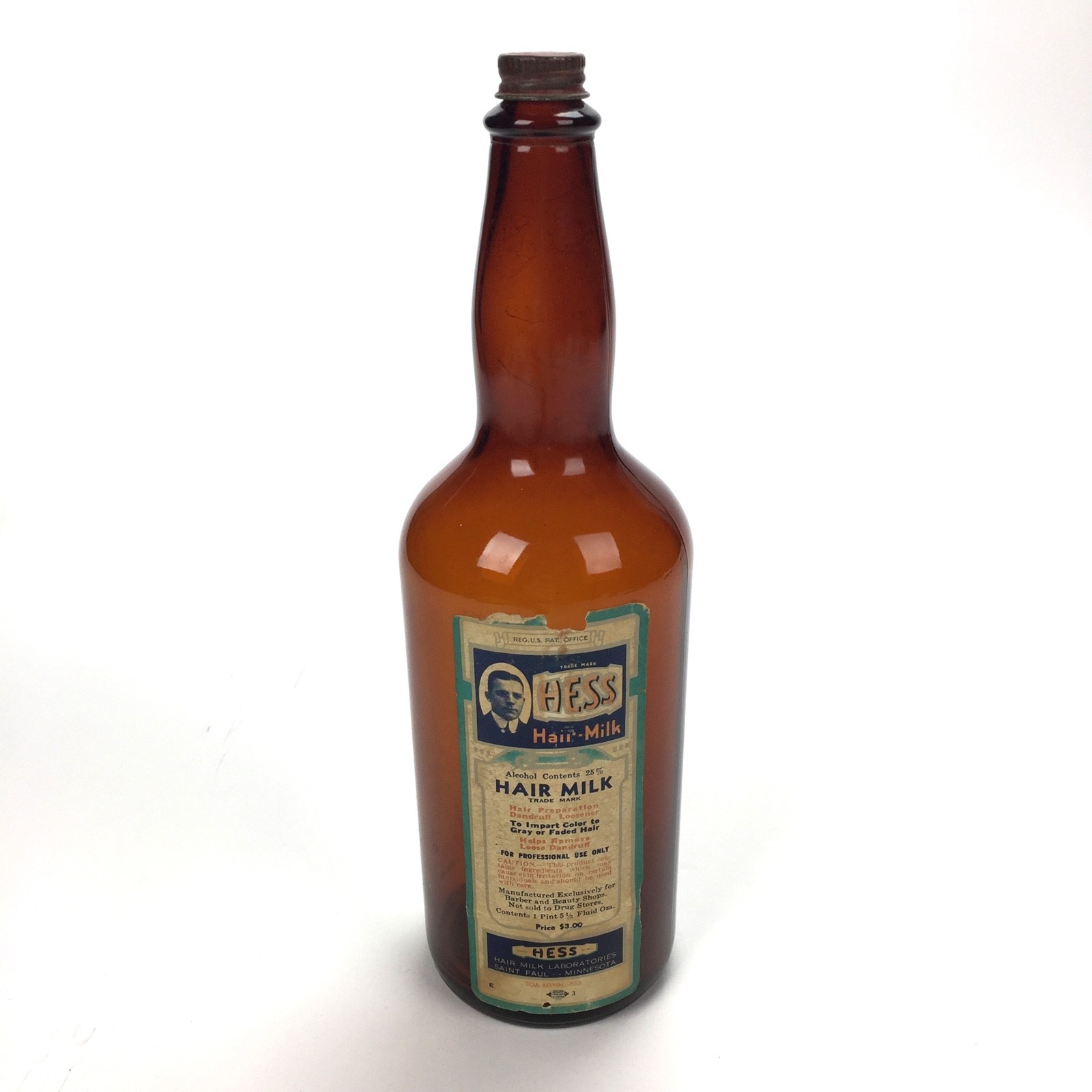 Vintage HESS Hair Milk Glass Bottle & Label, Barber Shop decor, Hair Tonic