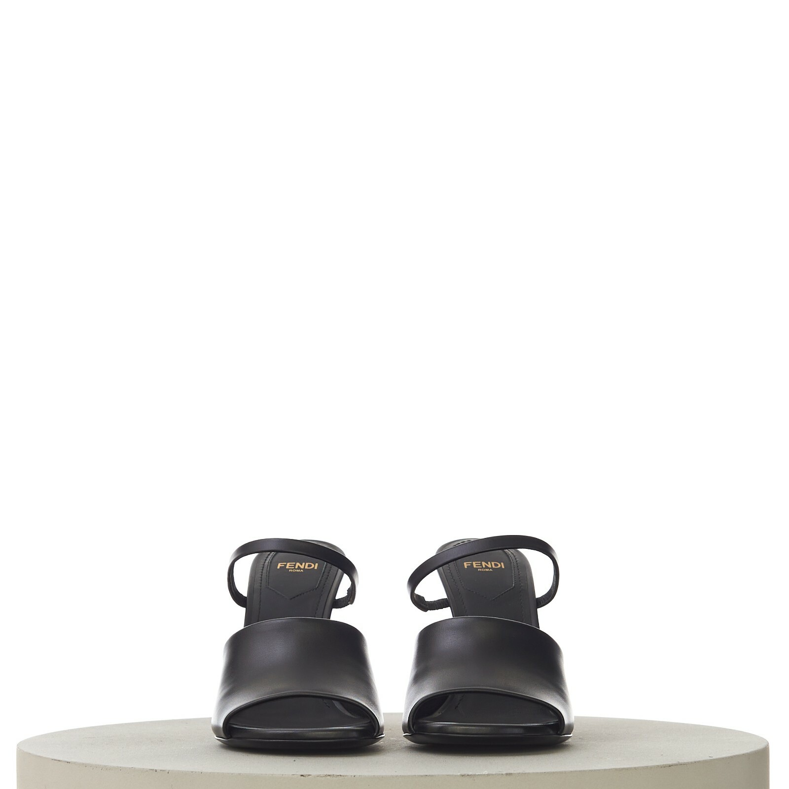 Pre-owned Fendi First 1390$ Black Leather High Heel Sandal, F-shaped Gold Metal Heel
