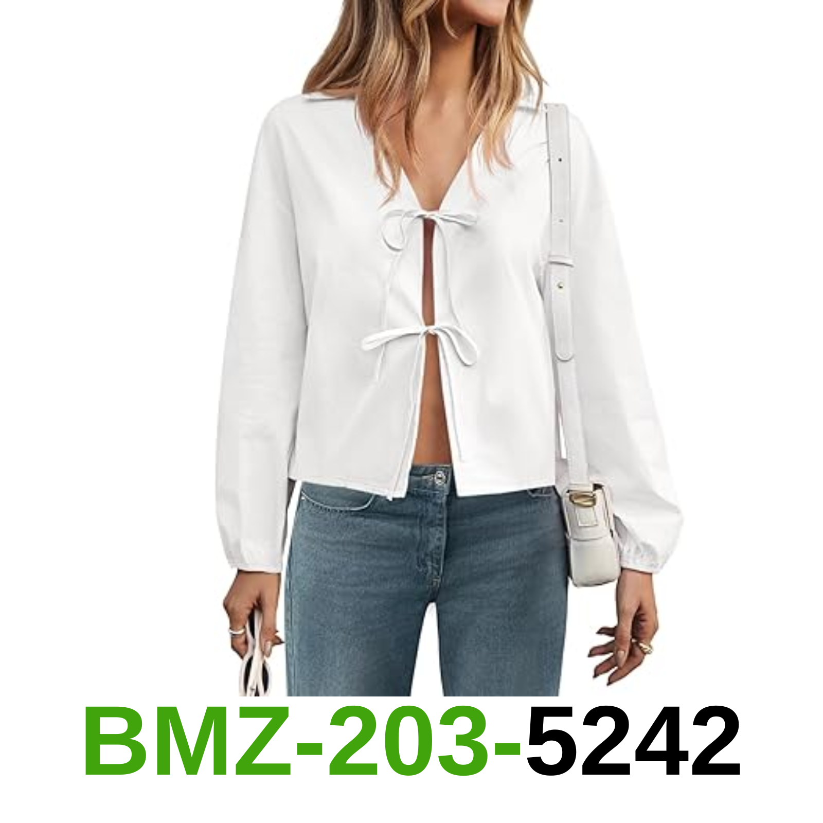 Tankaneo Womens Tie Front Tops Coquette Long Puff Sleeve Bow Shirts Blouses, M