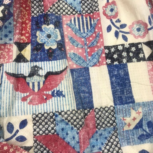 VTG Set Of 4 Barkcloth Curtain Panels Patchwork Quilt Style Eagle Pleated Top