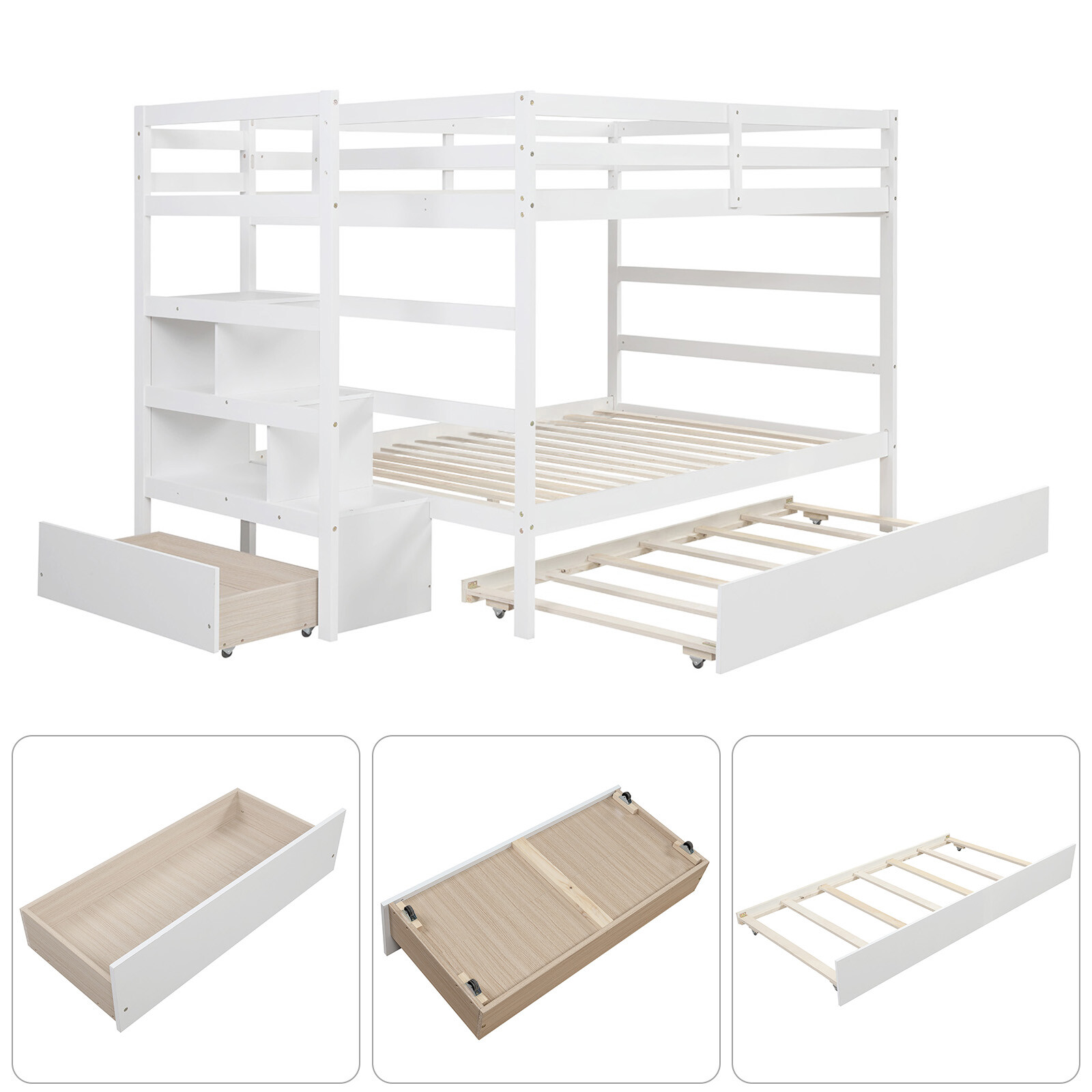 White Full Over Full Bunk Bed with Twin Size Trundle Storage Wood Frame Stairway