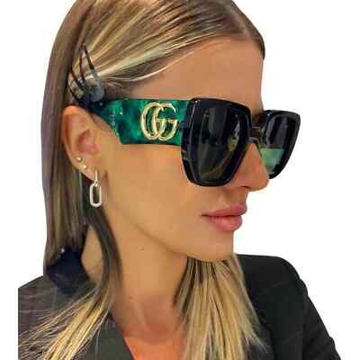 Pre-owned Gucci Sunglasses Gg0956s 001 Black Gold Green Lens Square Woman Large