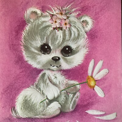 VTG Greeting Card White Kitten Daisy Unused Env 1960s