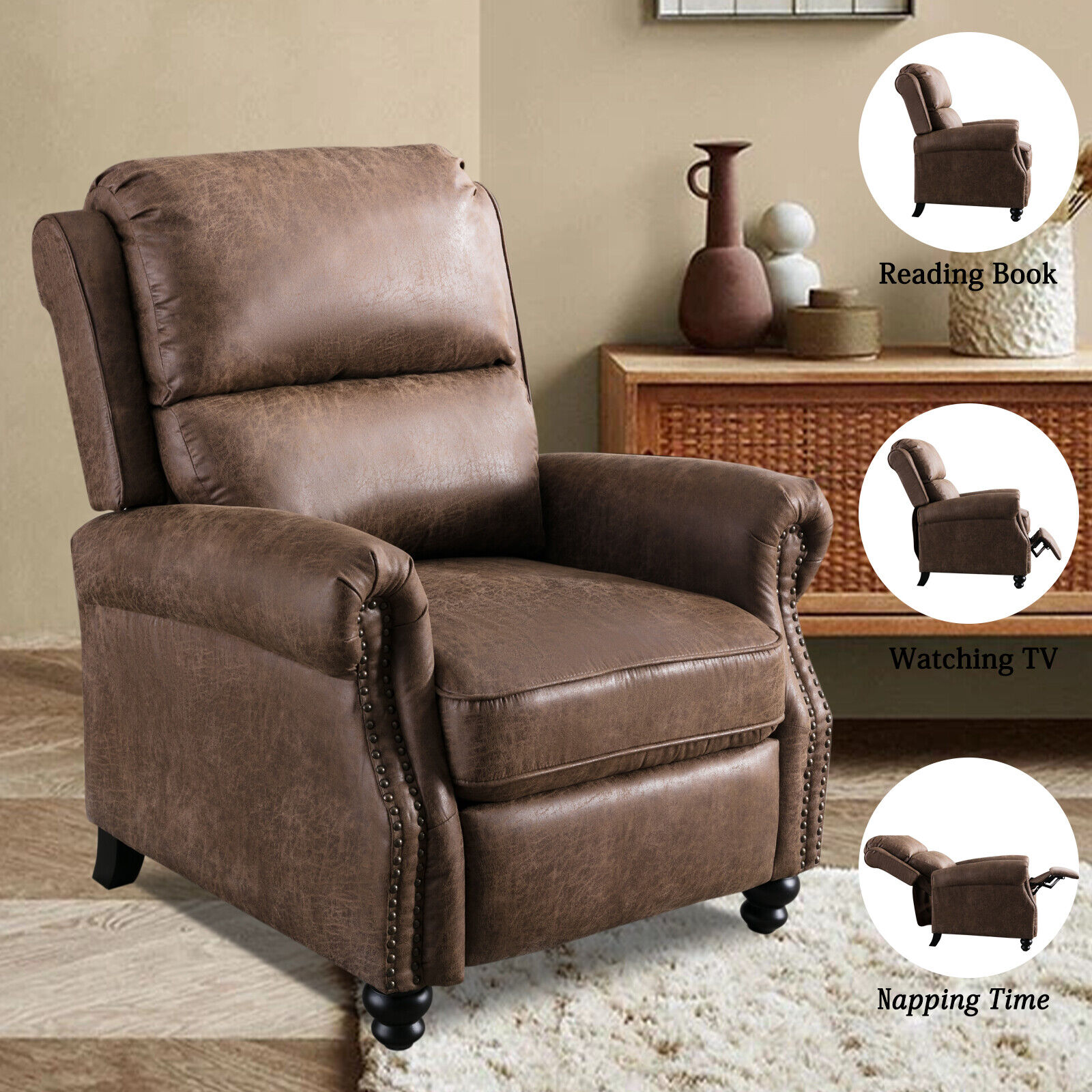 Push Back Recliner Chair With Rivet Decor Armchair For Livin