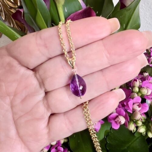 Genuine Amethyst Briolette Solid 14k Yellow Gold Drop Pendant, New - Picture 10 of 12