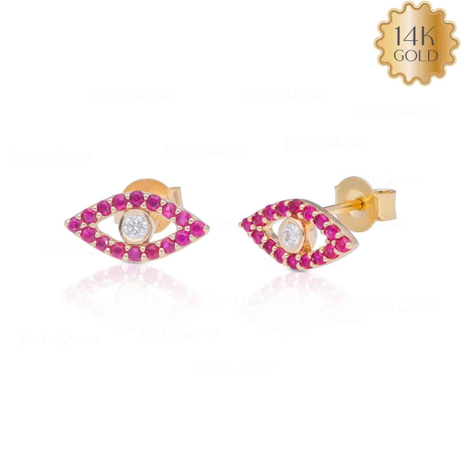 14K Gold Diamond Ruby Evil Eye Stud Earrings for Women Authentic Jewelry