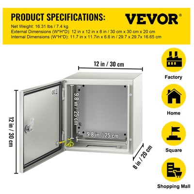 VEVOR 12x12x8'' Carbon Steel Electrical Enclosure IP65 Wall Mount Junction Box