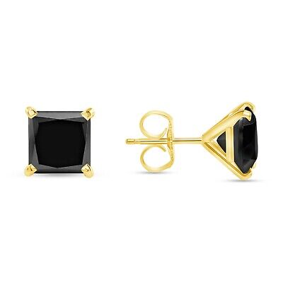 Pre-owned Shine Brite With A Diamond 2.75 Ct Princess Black Earrings Studs Solid 14k Yellow Gold Push Back Martini In White/colorless