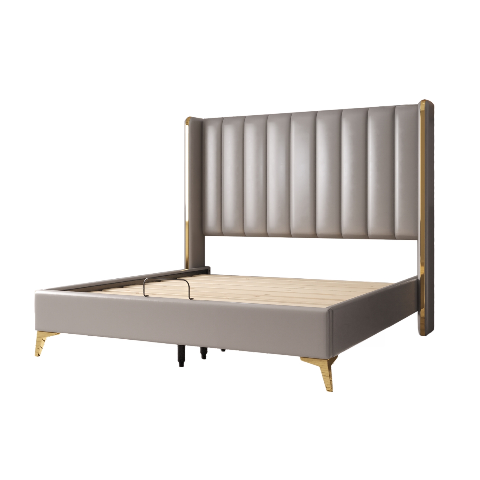 Queen Size Faux Leather Platform Bed Frame Wood Slats Metal Legs Tall Headboard