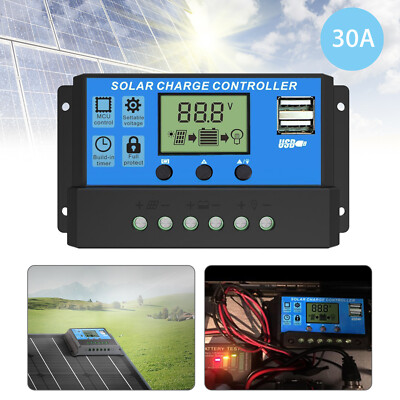 30A Solar Panel Charger Controller PWM Dual USB Charge 12/24V LCD Regulator Auto